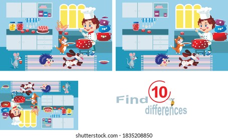 Little chef treats friends. Find 10 differences. Children's educational game.