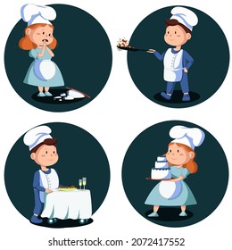 little chefs engaged in cooking and serving dishes