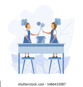 Little Chefs Holding Crossed Turner and Perforated Spoon in Hands. Boy and Girl in Cooks Uniform Standing on Stools. Boiling Pot on Table. Cartoon Children Helpers on Kitchen. Vector Flat Illustration