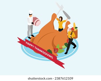 Little chefs prepare a festive dinner, a cafe invitation for a Thanksgiving turkey isometric 3d vector illustration concept for banner, website, landing page, flyer, greeting card, etc