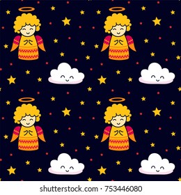 Little cherubs, cute smiling clouds and stars on dark night background. Seamless christmas pattern. Vector illustration.