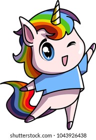 Little, chibi cute baby unicorn. Rainbow hair. Female pastel colors. Vector illustration.