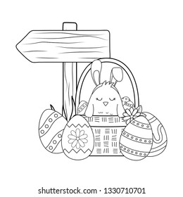 little chick with ears rabbit in basket and eggs painted