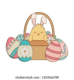 little chick with ears rabbit in basket and eggs painted
