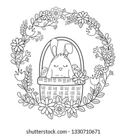 little chick with ears rabbit in floral basket easter character
