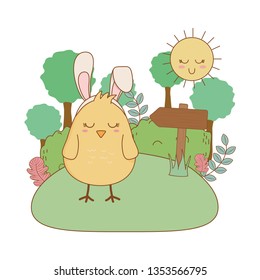 little chick with ears rabbit in the landscape