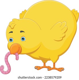 Little chick eating worm cartoon