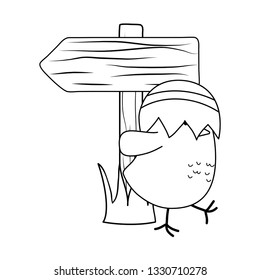 little chick with egg broken and arrow guide easter character