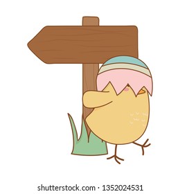 little chick with egg broken and arrow guide easter character