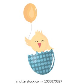 little chick with egg broken and balloon helium