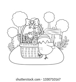 little chick with egg broken in the garden easter character