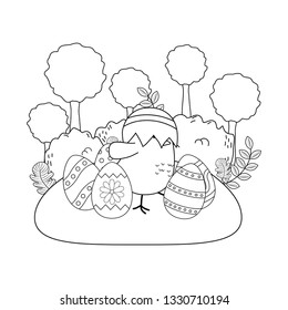 little chick with egg broken in the garden easter character
