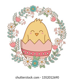 little chick with egg broken and wreath flowers