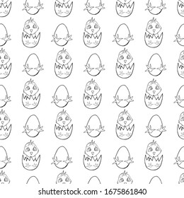 little chick in egg and hatched chicken seamless pattern on transparent background in black and white. Elements for designing invitation cards for Happy Easter