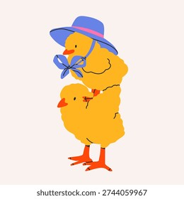 Little Chick in hat stands on another chicks back. Cute characters. Easter symbol concept. Hand drawn Vector illustration. Isolated design element. Logo, icon, print, sticker template