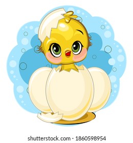 A little chick hatched from an egg. Funny chick. Cute and funny baby bird. The isolated object on a white background. Illustration. Cartoon style. Vector