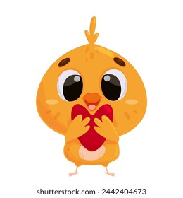 Little chick holding a heart-shaped card in his hands