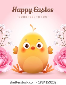 The little chick sits among the roses.Card for Easter Day. 