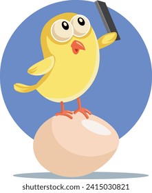 
Little Chick Sitting on Egg Taking Selfies Vector Character. Funny humorous chicken and its family taking pictures together 
