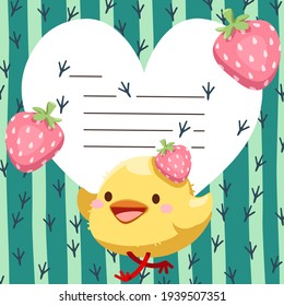 little chick and strawberry background poster Collection, cartoon characters in kids concept, flat Colorful vector illustration