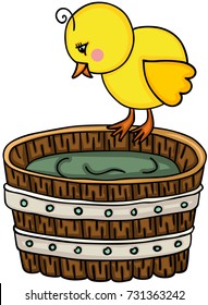 Little chick with wooden tub
