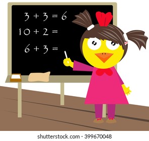 Little chicken counting and writing down the outcome on blackboard.