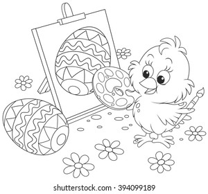 Little chicken drawing a colorfully decorated Easter egg