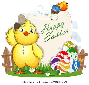 Little chicken and Easter eggs with a paper scroll on a green meadow with a wooden fence and flowers. Easter invitation