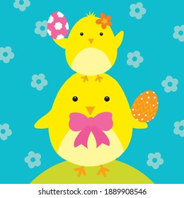 little chicken easter greeting card on blue color background