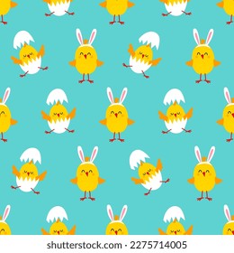 Little chicken with hatching eggs or rabbit ears. Easter, spring seamless vector pattern for baby fabric, decoration, wrapping paper and wallpaper.