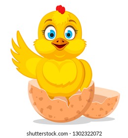 Little chicken just hatched and waving its wing on a white.