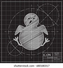 Little chicken nestling sitting. Vector blueprint bird icon on engineer and architect background 