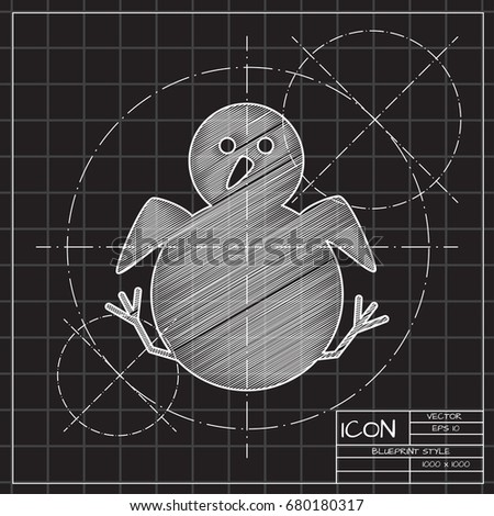 Little chicken nestling sitting. Vector blueprint bird icon on engineer and architect background 
