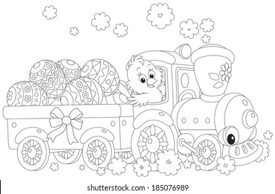 Little chicken on a toy train carrying decorated Easter eggs in a carriage