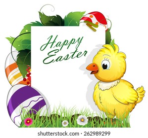 Little chicken with painted Easter eggs and dense foliage with white place for text