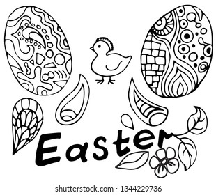 Little chicken and patterned eggs. Decor for the holiday of Easter. Black and white graphics