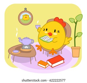 Little chicken relaxing in living room drinking tea and reading a book (kawaii illustration)