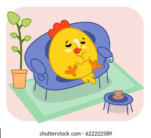 Little chicken sleeping on couch (kawaii illustration)