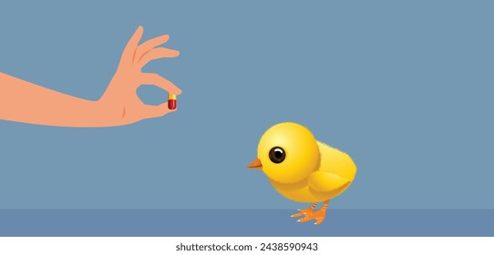 
Little Chicken Taking a Pill Fighting Sickness Vector Medical Illustration. Adorable sick farm bird taking its medication from the doctor
