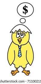 Little chicken thinks about money. Cute vector illustration.