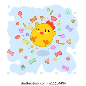 Little chicken throwing loads of sweets in a cloud (vector illustration)