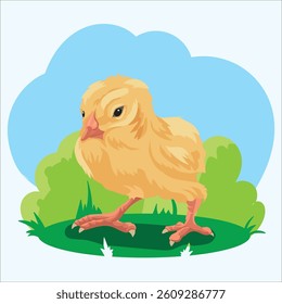 A little chicken walks on the grass vector without contour in a realistic style