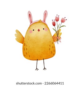 Little chicken wearing Easter bunny ears holding flowers