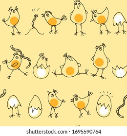 Little chicks baby pattern, seamless background with cute cartoon rooster, eggs and worms