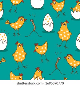 Little chicks baby pattern, seamless background with cute cartoon rooster, eggs and worms