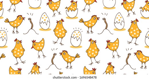 Little chicks baby pattern, seamless background with cute cartoon rooster, eggs and worms
