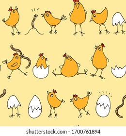 Little chicks baby pattern, seamless background with cute cartoon rooster, eggs and worms