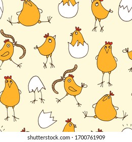 Little chicks baby pattern, seamless background with cute cartoon rooster, eggs and worms