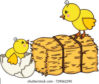 Little chicks with bale of hay
