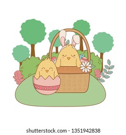 little chicks in basket garden scene